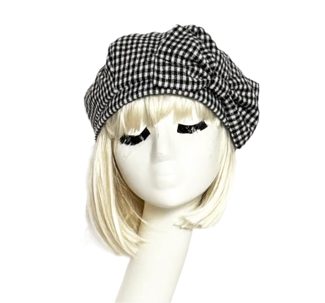 Checkered Beret Bow with Patterned Finish