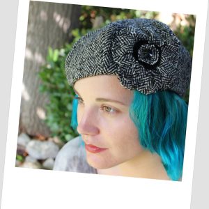 Beret Flower Black White Herringbone Wool