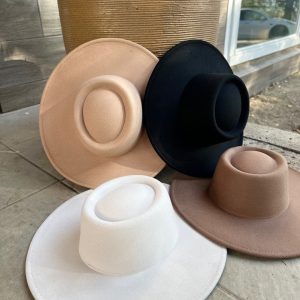 Vegan Felt Boater Hat with Flat Wide Brim, Structured Fashion Hat for Women