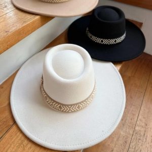 Structured Faux Felt Boater Hat | Wide Brim Jacquard Band (57cm)