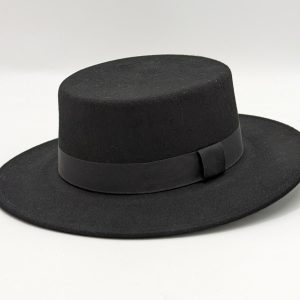 Black 100% Wool Felt Boater Hat: Wide Brim Classic Boater Style
