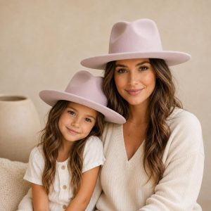 Matching Adult and Child Vegan Felt Fedora Set: Wide Brim Rancher Hats
