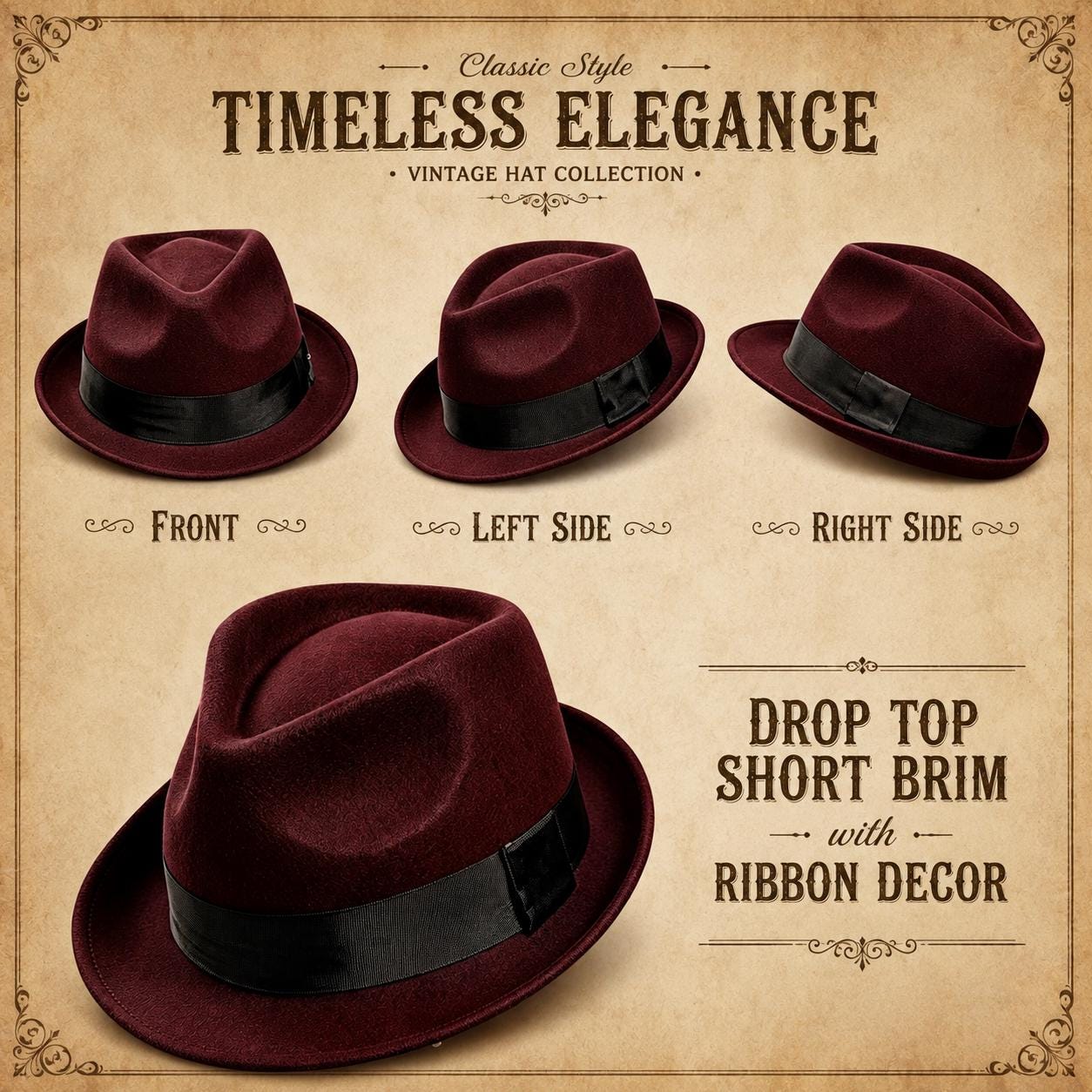 Wool Felt Fedora Hat: Pinched Crown with Grosgrain Ribbon Band - Image 6