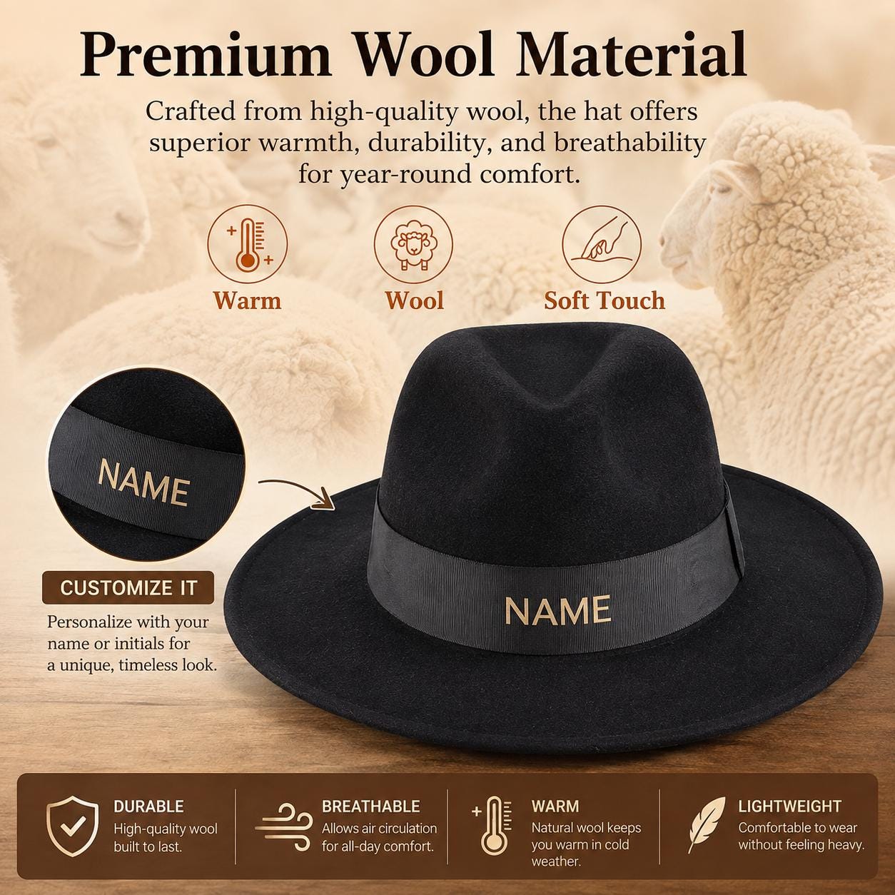 Wool Fedora Hat | Unisex Wide Brim Hat | Classic Ribbon Band - Image 7
