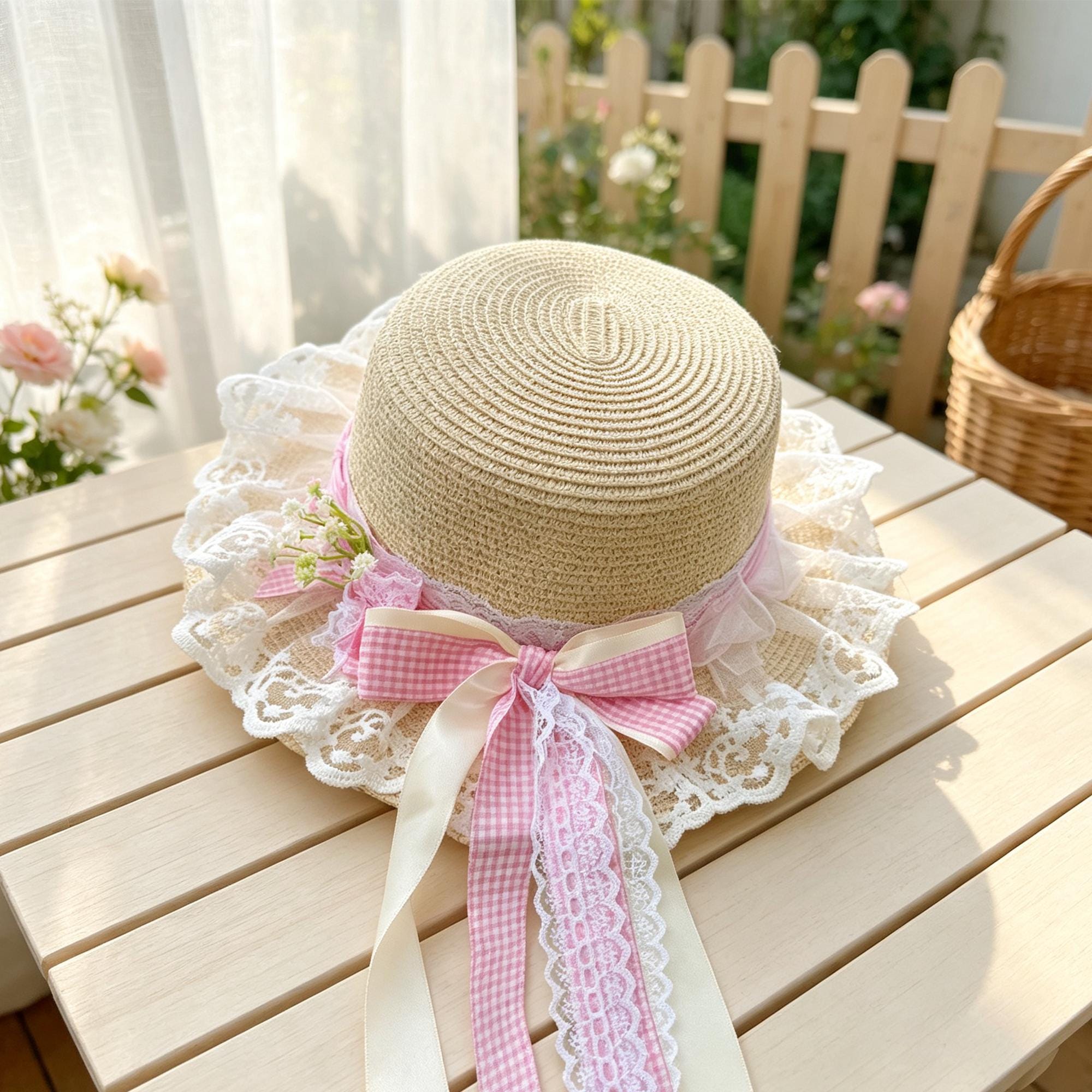 Women’s Straw Sun Hat, Wide Brim Plaid Bow Hat, Japanese Style Summer Beach Hat, Cottagecore Vacation Hat - Image 6