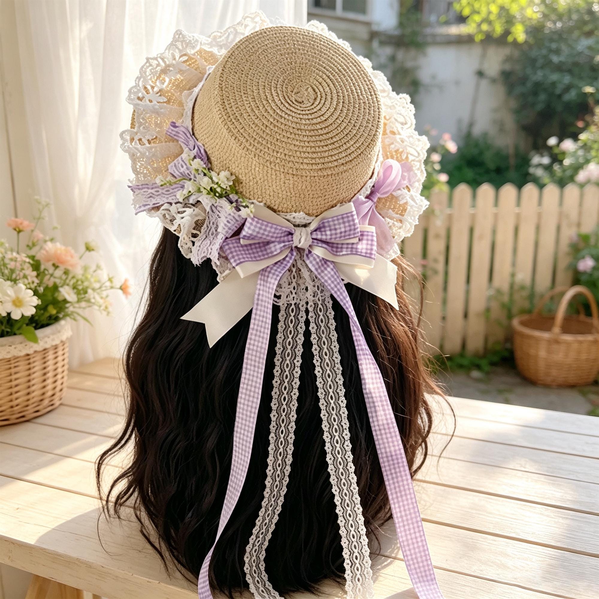 Women’s Straw Sun Hat, Wide Brim Plaid Bow Hat, Japanese Style Summer Beach Hat, Cottagecore Vacation Hat