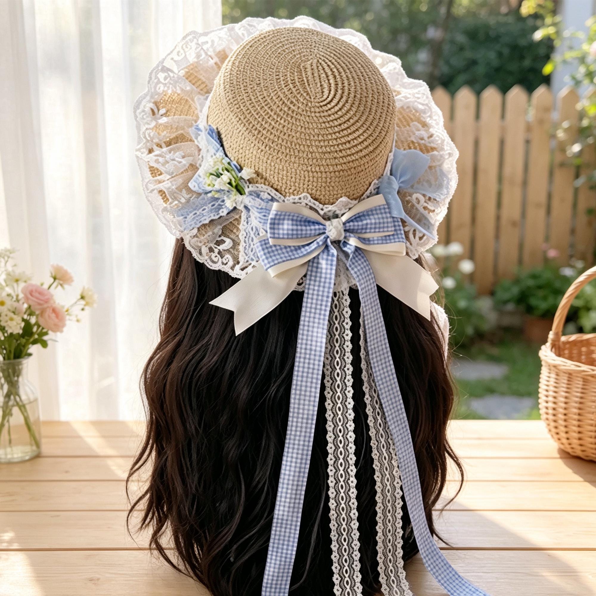 Women’s Straw Sun Hat, Wide Brim Plaid Bow Hat, Japanese Style Summer Beach Hat, Cottagecore Vacation Hat - Image 3