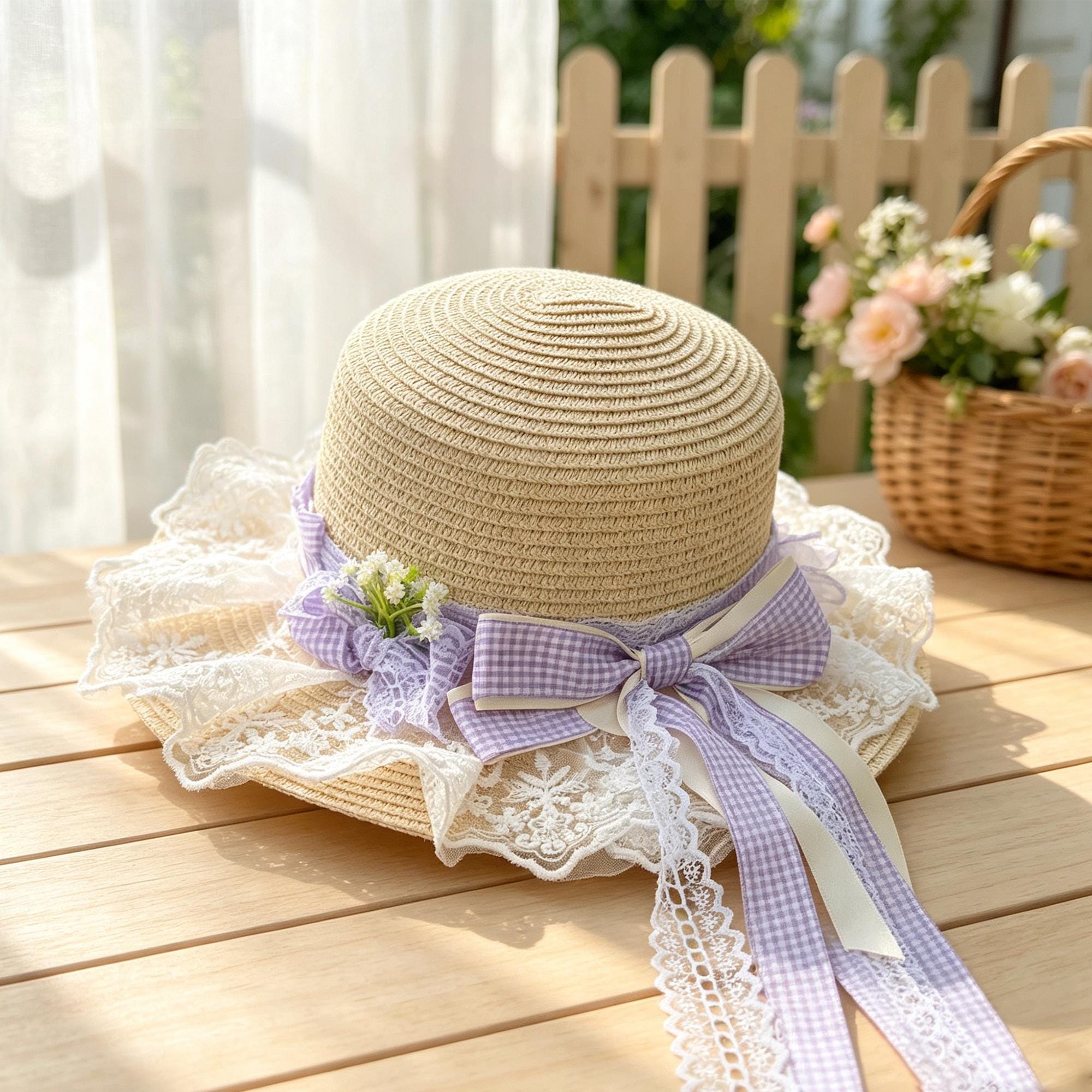 Women’s Straw Sun Hat, Wide Brim Plaid Bow Hat, Japanese Style Summer Beach Hat, Cottagecore Vacation Hat - Image 4