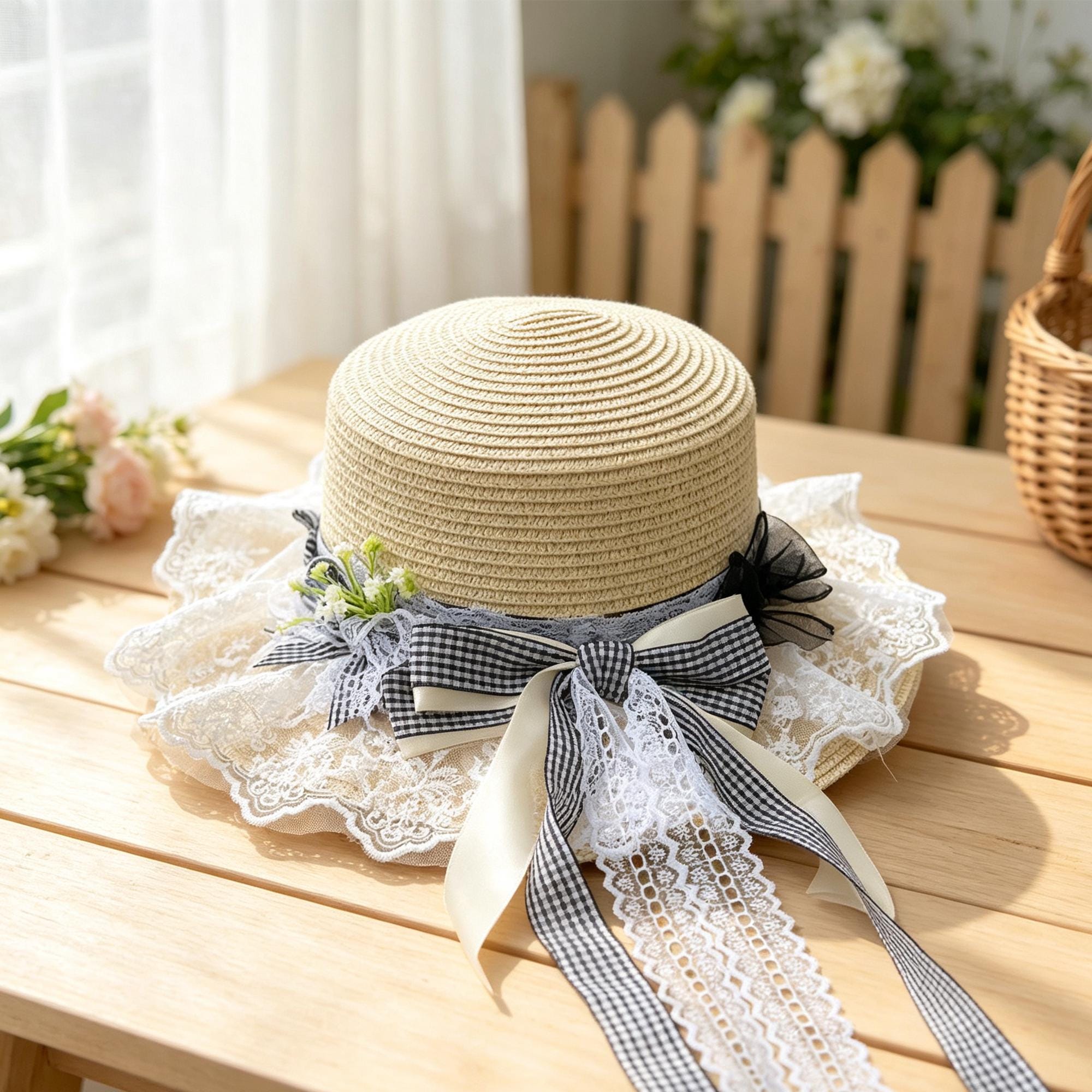 Women’s Straw Sun Hat, Wide Brim Plaid Bow Hat, Japanese Style Summer Beach Hat, Cottagecore Vacation Hat - Image 7