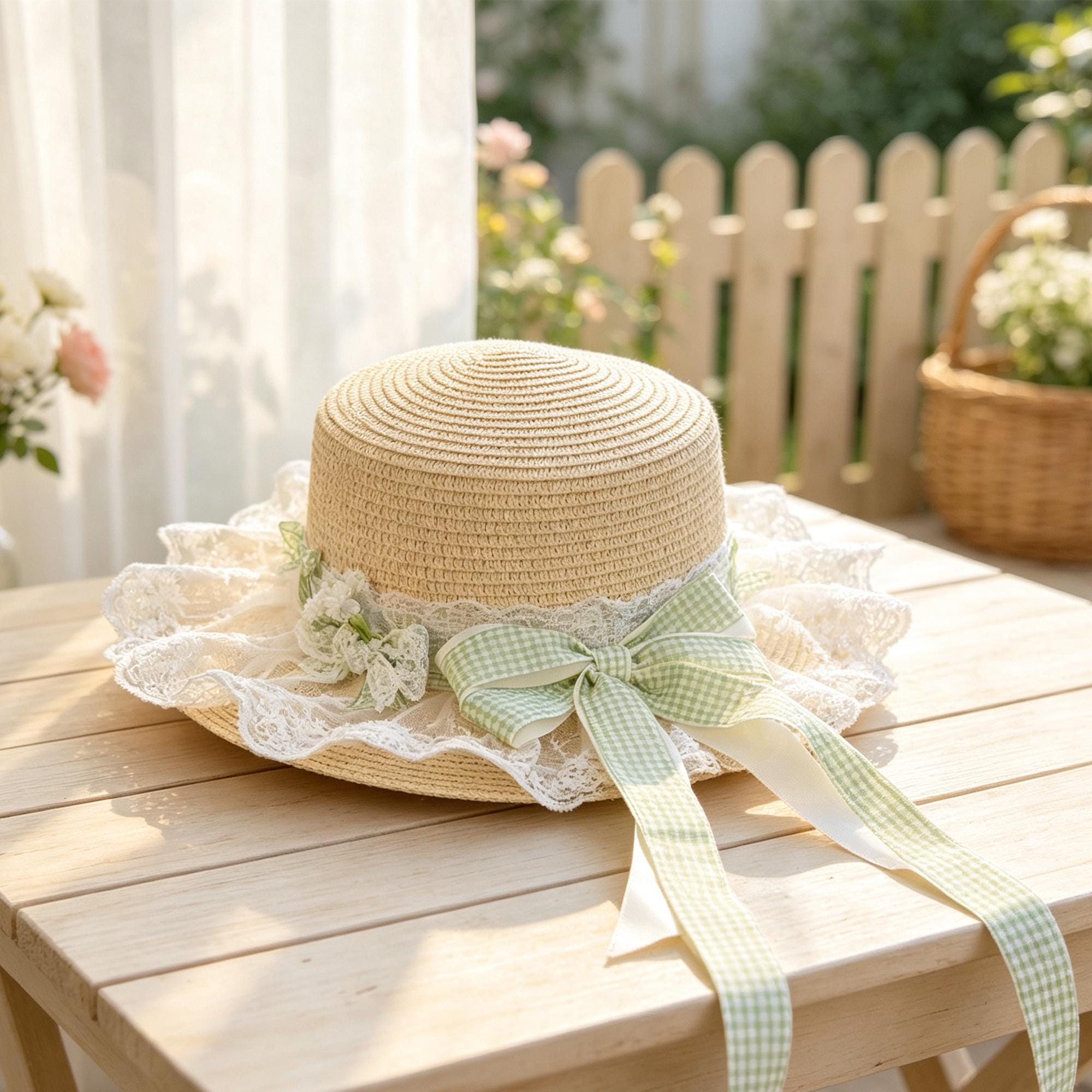 Women’s Straw Sun Hat, Wide Brim Plaid Bow Hat, Japanese Style Summer Beach Hat, Cottagecore Vacation Hat - Image 5