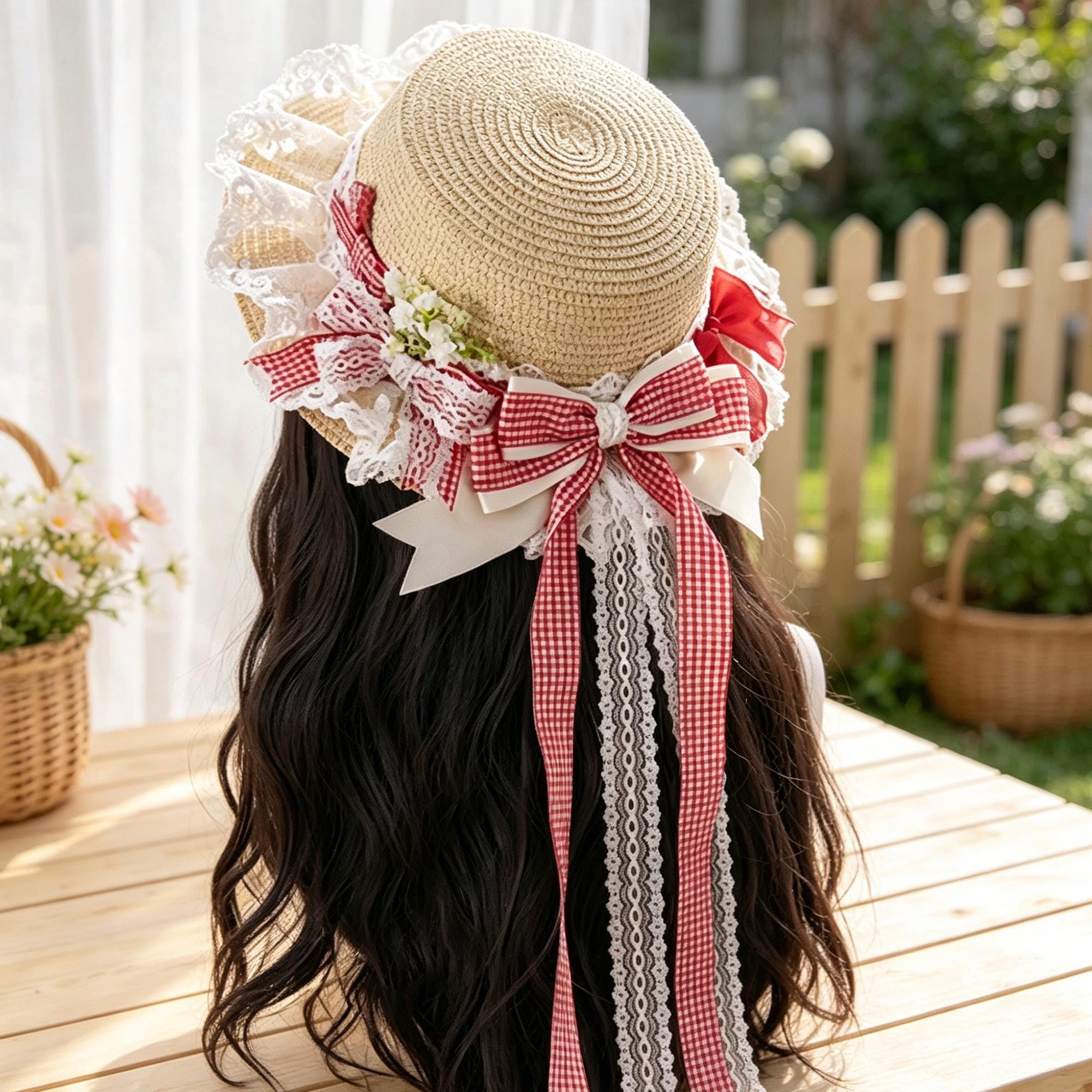 Women’s Straw Sun Hat, Wide Brim Plaid Bow Hat, Japanese Style Summer Beach Hat, Cottagecore Vacation Hat - Image 2