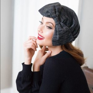 Gray Knit Turban Hat with Statement Bow